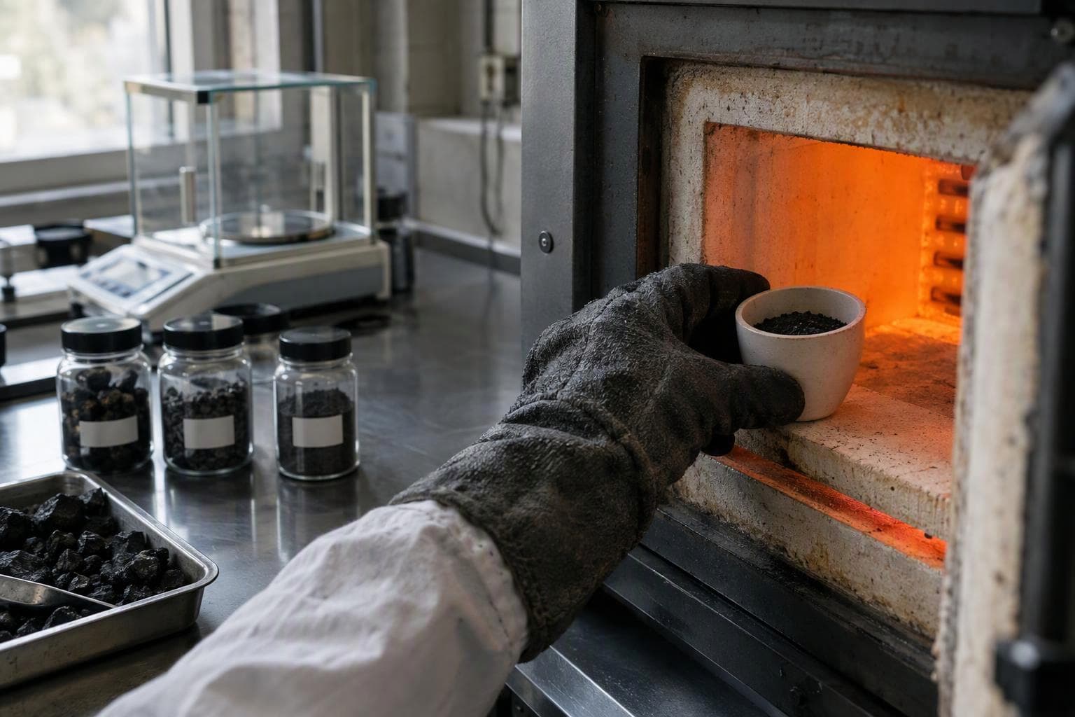 Coal sample in a crucible being placed into a laboratory muffle furnace for ash testing
